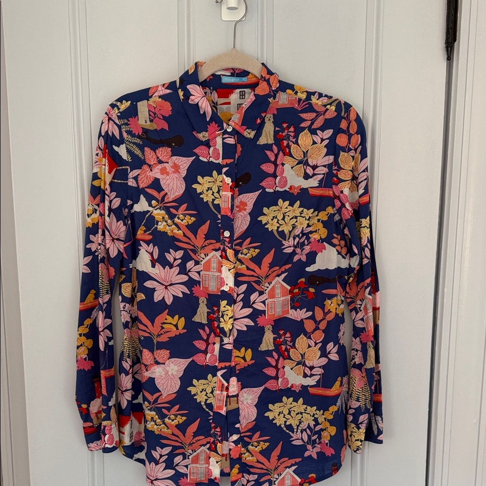 J. McLaughlin Navy Floral Button-Up Lois Blouse with Pink & Yellow Accents